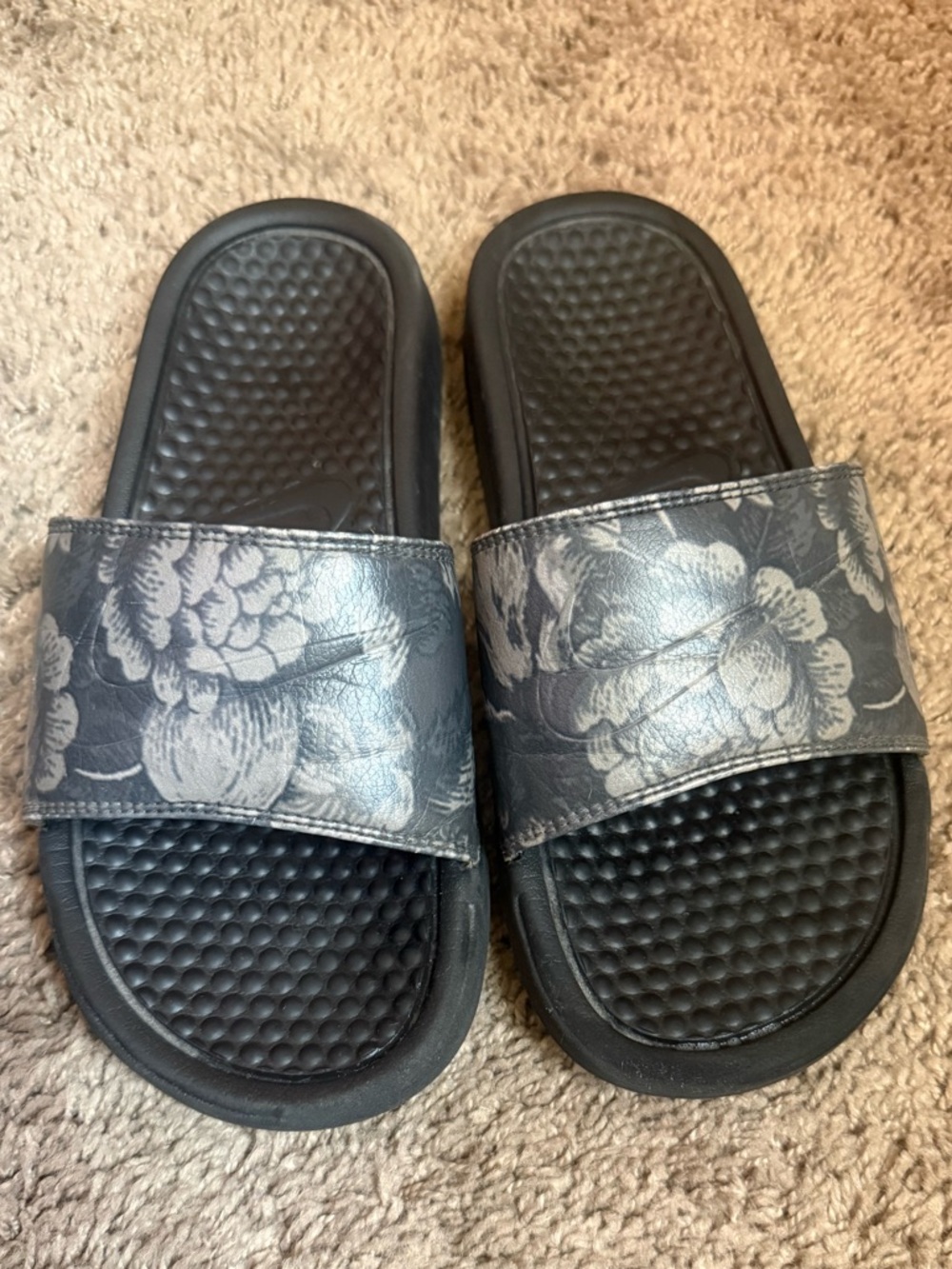 Floral Print Nike Slide Sandals - Black and Gray